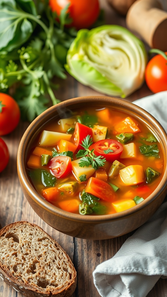 A steaming bowl of detox cabbage soup with cabbage, tomatoes, and carrots, garnished with herbs on a rustic table with bread.